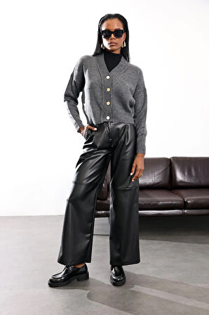 Siyah Parçalı Deri Pantolon 17215