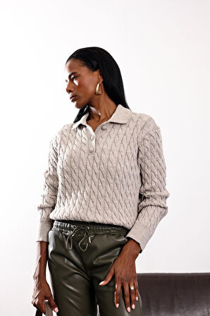 Açık Vizon Polo Yaka Saç Örgü Kazak 251120