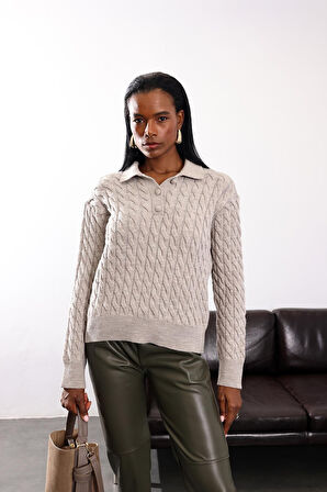 Açık Vizon Polo Yaka Saç Örgü Kazak 251120