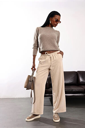 Bej Beli Lastikli Kadife Pantolon 17660