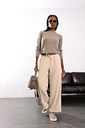 Bej Beli Lastikli Kadife Pantolon 17660