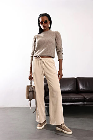 Bej Beli Lastikli Kadife Pantolon 17660