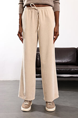 Bej Beli Lastikli Kadife Pantolon 17660