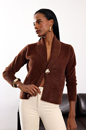 Kahverengi Gold Düğmeli Kruvaze Hırka 