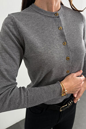 Gri Kemik Düğmeli Lyocell İplik Hırka 