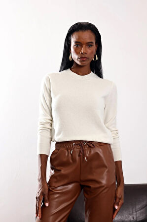 Ekru Bisiklet Yaka Kaşmir Basic Triko 