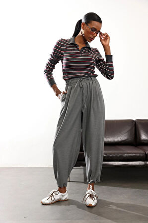 Antrasit Polo Yaka Çizgili Triko R0108