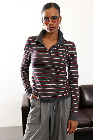 Antrasit Polo Yaka Çizgili Triko R0108