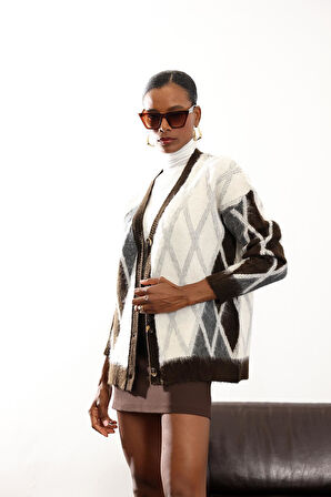 Kahverengi Baklava Desen Midi Boy Ceket Hırka 251090