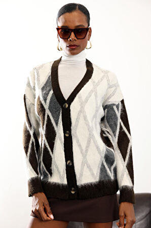 Kahverengi Baklava Desen Midi Boy Ceket Hırka 251090