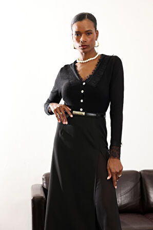 Siyah Dantel Detaylı Fit Triko 251066