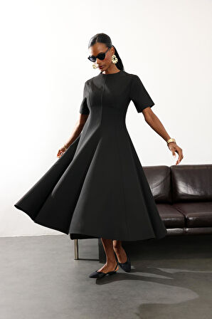 Siyah Kısa Kollu Godeli Tok Elbise 05174