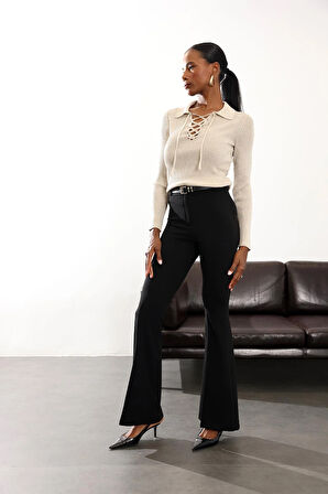 Bej Önü Bağlamalı Polo Yaka Triko 