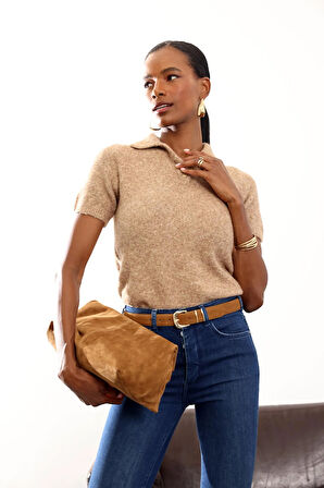 Camel Polo Yaka Kısa Kol Triko 