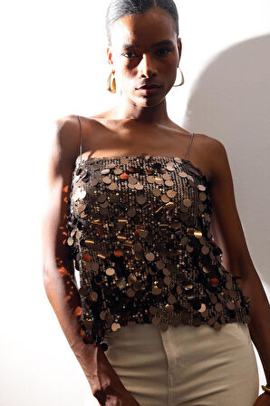 Kahverengi Pullu Askılı Bluz 071777