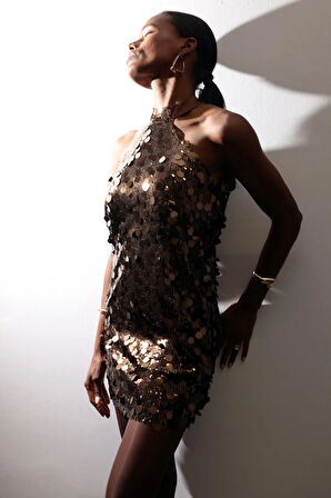 Kahverengi Halter Yaka Payetli Elbise 111653