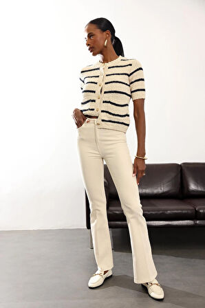 Bej Çizgili Gold Düğmeli Kısa Kol Hırka 