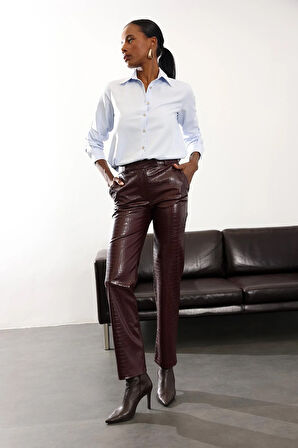 Bordo Kroko Desenli Deri Pantolon 031575