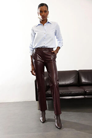 Bordo Kroko Desenli Deri Pantolon 031575