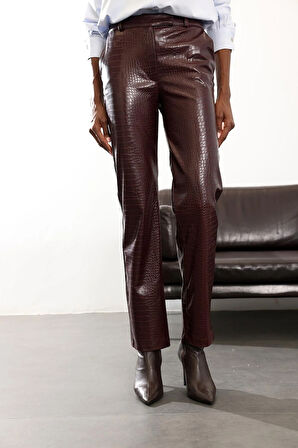 Bordo Kroko Desenli Deri Pantolon 031575