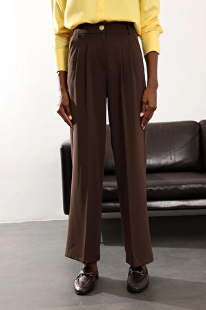 Kahverengi Gold Düğmeli Palazzo Pantolon 4386