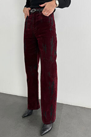 Bordo Kemerli Wide Leg Jean 8077