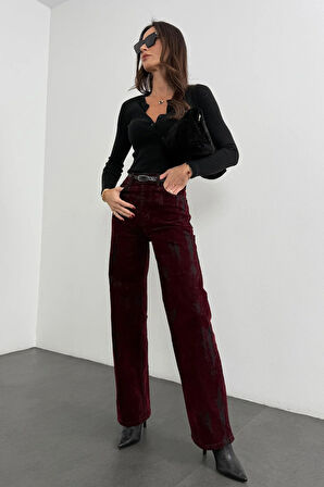 Bordo Kemerli Wide Leg Jean 8077
