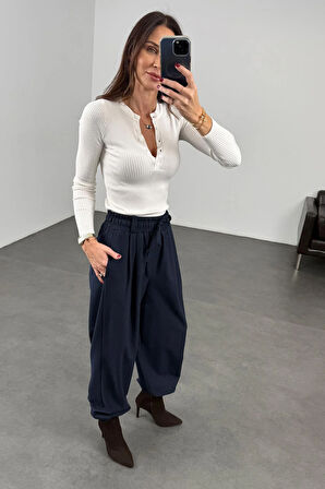 Lacivert Beli Lastikli Kumaş Pantolon 2006