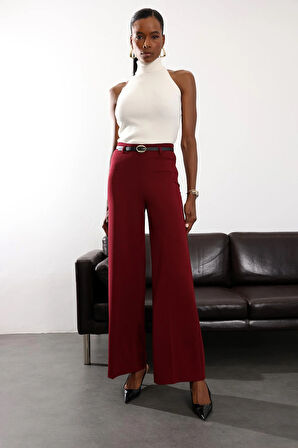 Bordo Kemerli Likralı Palazzo Pantolon 9150