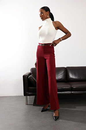 Bordo Kemerli Likralı Palazzo Pantolon 9150