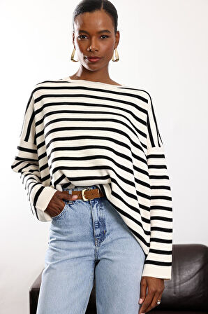 Ekru Çizgili Kazak 231100