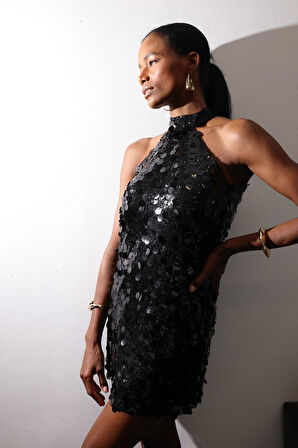 Siyah Halter Yaka Payetli Elbise 111653