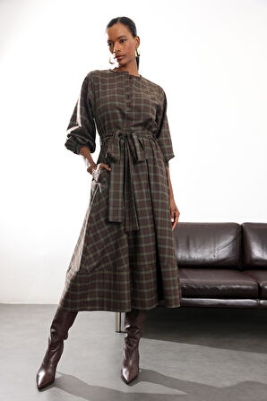 Haki Ekoseli Kuşaklı Elbise 1235