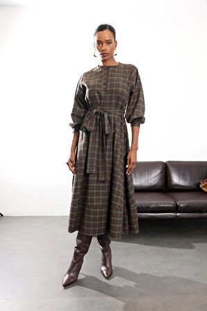 Haki Ekoseli Kuşaklı Elbise 1235