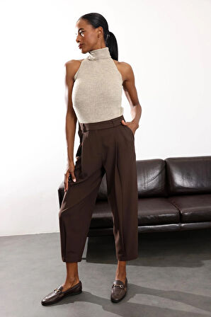 Kahverengi Pile Detaylı Havuç Pantolon 60