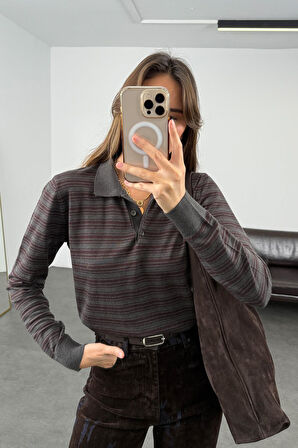 Antrasit Polo Yaka Uzun Kol Kolej Triko 