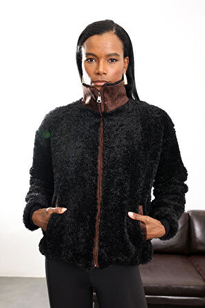 Siyah Kadife Detaylı Peluş Mont 