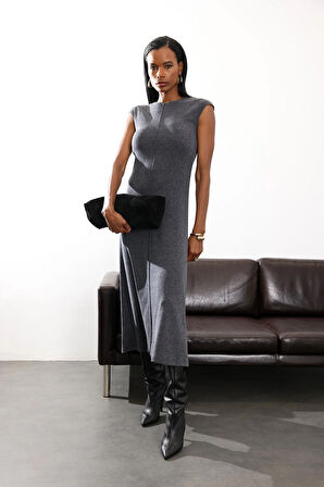 Antrasit Sıfır Kol Maxi Triko Elbise 17219