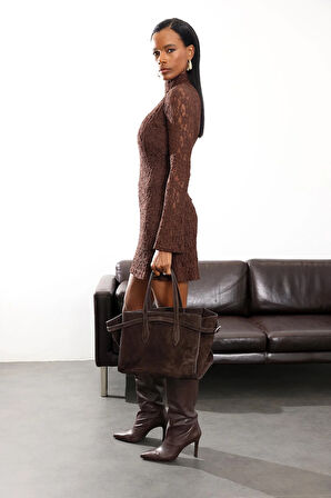 Acı Kahve Dik Yaka Dantel Elbise 111657