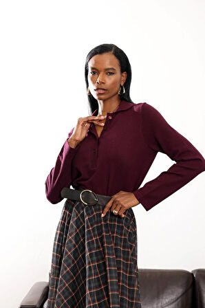 Bordo Düğmeli Polo Yaka Kazak 241193