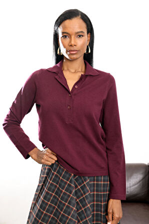 Bordo Düğmeli Polo Yaka Kazak 241193