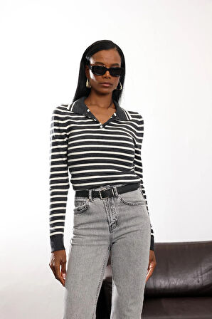 Antrasit Çizgili Polo Yaka Triko 0117