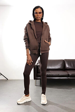 Kahverengi Fermuarlı Kapüşonlu Sweatshirt 10822