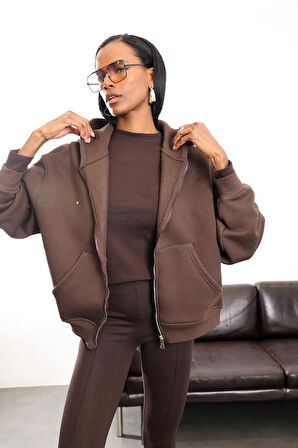 Kahverengi Fermuarlı Kapüşonlu Sweatshirt 10822