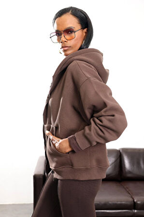 Kahverengi Fermuarlı Kapüşonlu Sweatshirt 10822