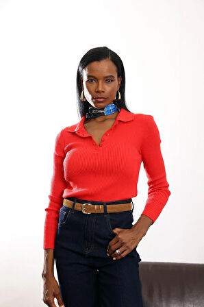 Kırmızı Polo Yaka Düğmeli Triko 231105