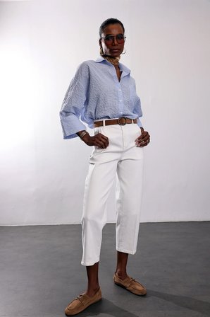 Beyaz Yüksek Bel Tensel Baggy Jean 3001