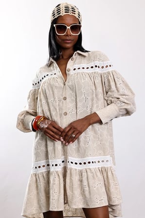 Bej Country Lino Elbise 