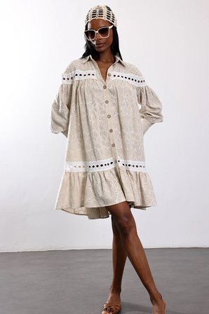 Bej Country Lino Elbise 