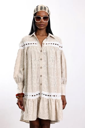 Bej Country Lino Elbise 